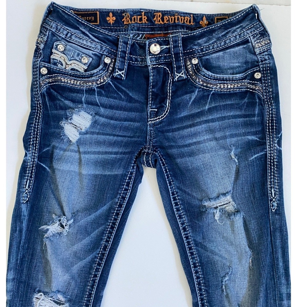 Rock Revival Darcey Crop Jeans Womens 25 Dark Wash Distressed Sequin Rhinestone - Picture 2 of 9